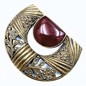 Antique Arts & Crafts Half Moon Cut Out Gold Tone Carnelian Marcasite Brooch